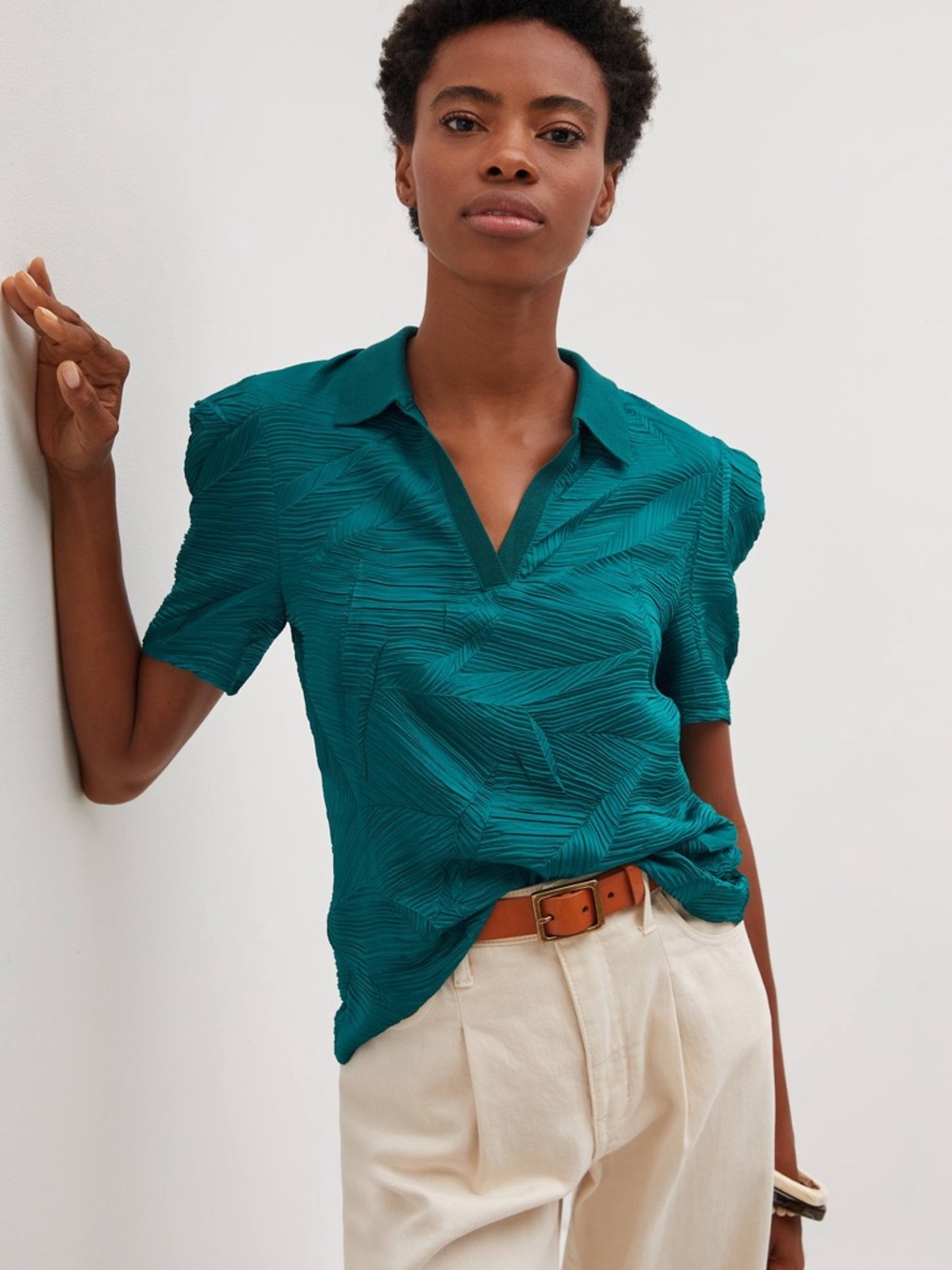 Anthro Textured Teal Blouse Women Short Sleeve V Neck Minimalist Work Top M